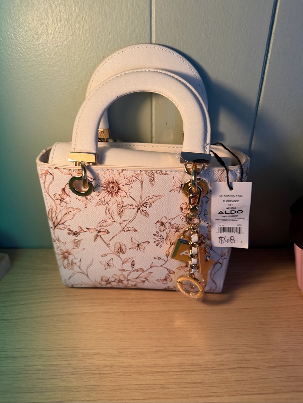 Aldo White Floral Satchel with Gold Charm - Picture 4 of 11